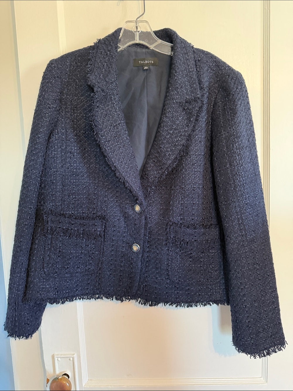 Talbots Navy Tweed Blazer Jacket Women’s Size 16 Frayed Trim
